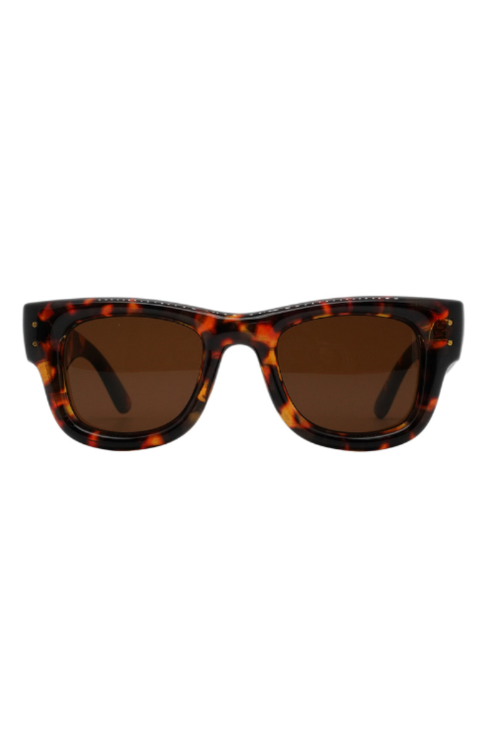 Tortoiseshell sunglasses with brown lenses, shown from the front against a plain white background.