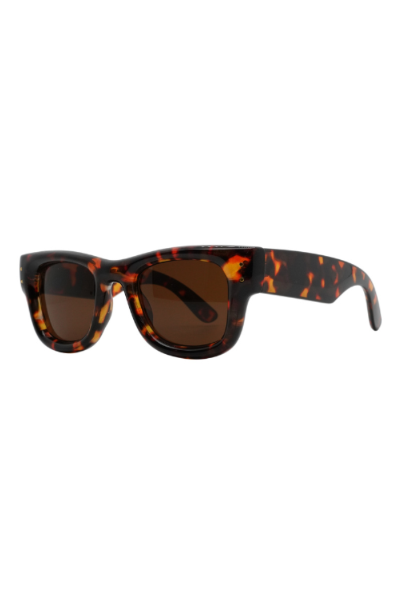 Black sunglasses with a brand logo on a light gray background