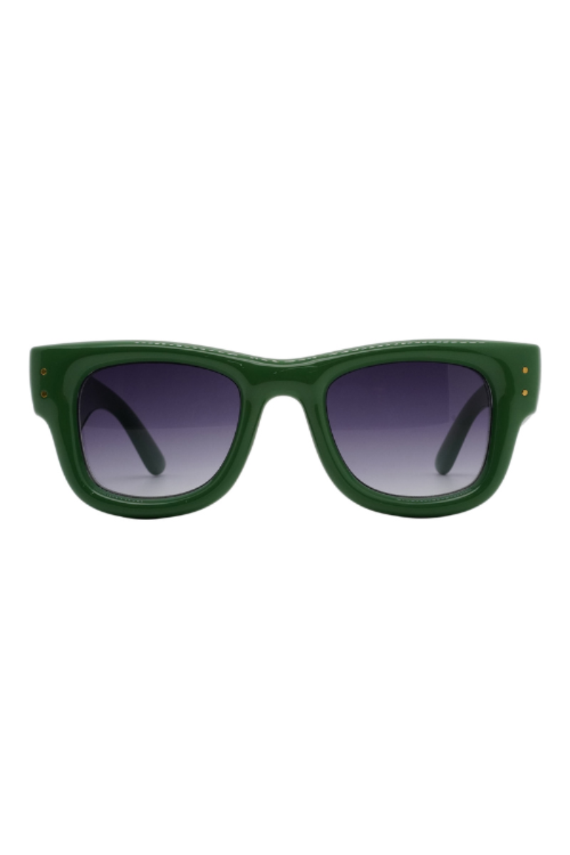 Green sunglasses with a thick matte frame and dark gradient lenses, shown against a plain white background.