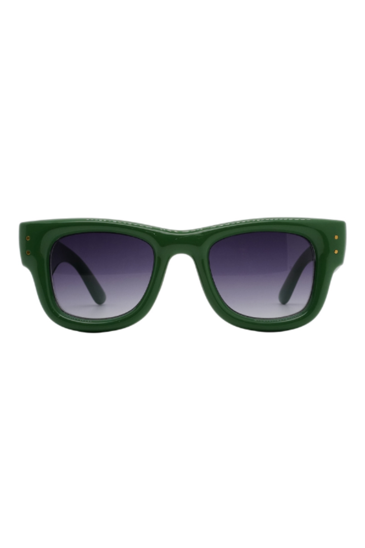 Green sunglasses with a thick matte frame and dark gradient lenses, shown against a plain white background.