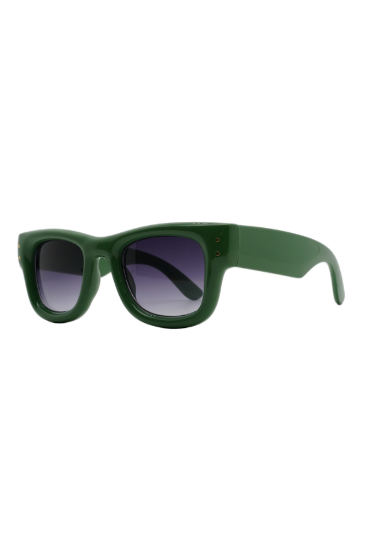 Green sunglasses with a thick matte frame and dark gradient lenses, shown from a side angle on a plain white background.