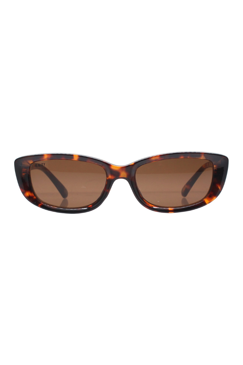 Sunglasses with tortoiseshell frame and brown lenses on a white background