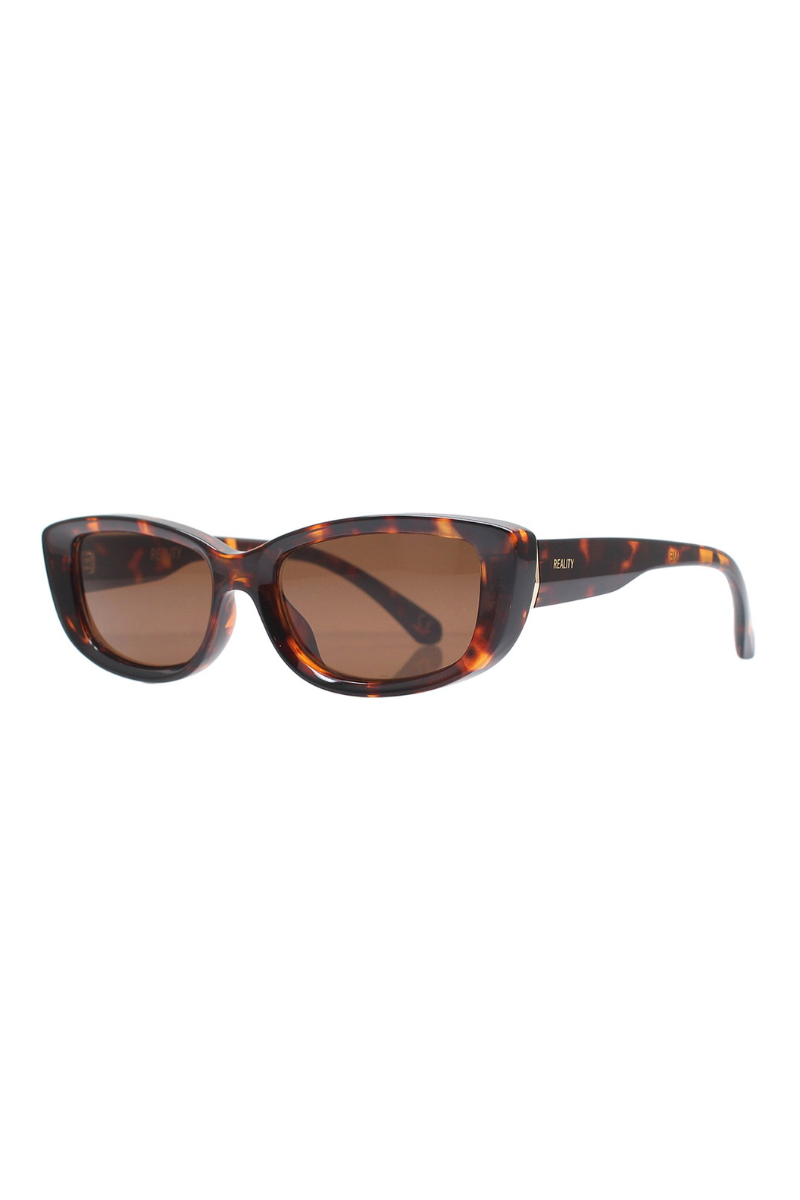 Sunglasses with tortoiseshell frame and brown lenses on a white background