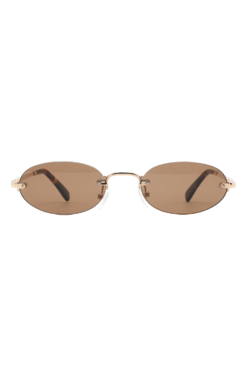 Oval rimless sunglasses with a thin gold metal frame and brown tinted lenses, shown against a plain white background.