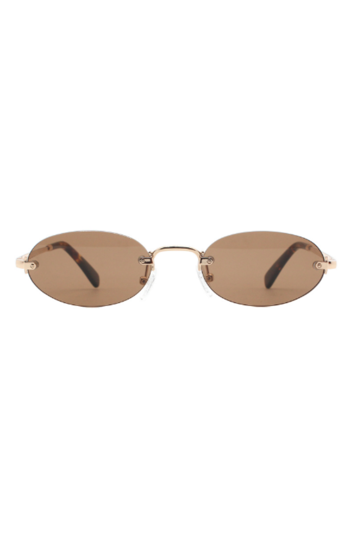 Oval rimless sunglasses with a thin gold metal frame and brown tinted lenses, shown against a plain white background.