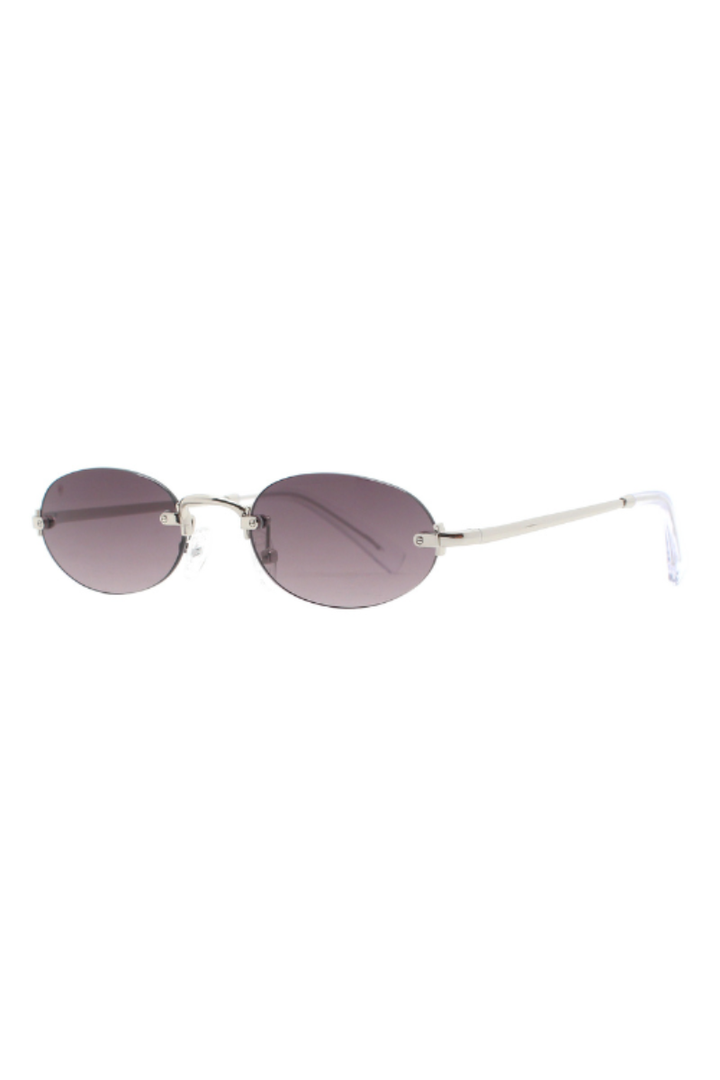 Oval rimless sunglasses with a thin silver metal frame and gradient gray lenses, shown against a plain white background.