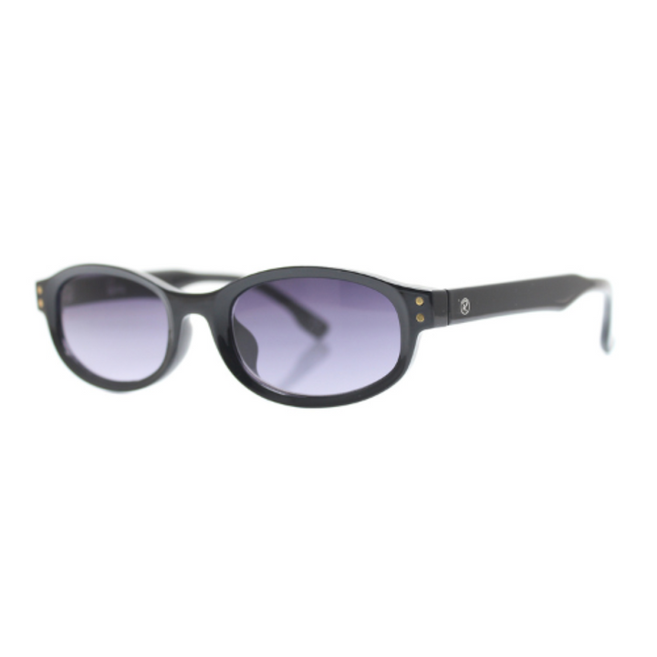Black sunglasses with purple lenses on a white background