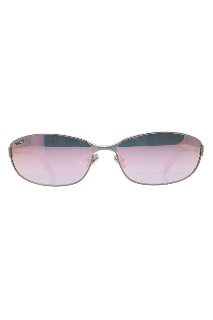Sunglasses with pink-tinted lenses on a white background