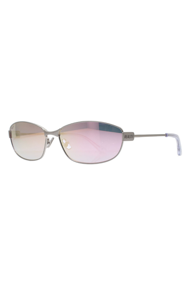 Sunglasses with pink lenses and gold frame on a white background