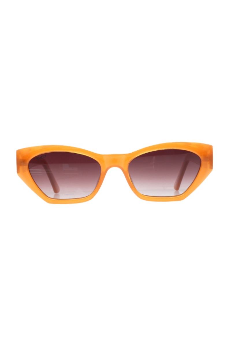 Orange sunglasses with brown gradient lenses on a white background