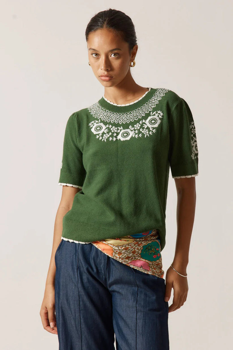 Woman wearing a green embroidered top with a plain background