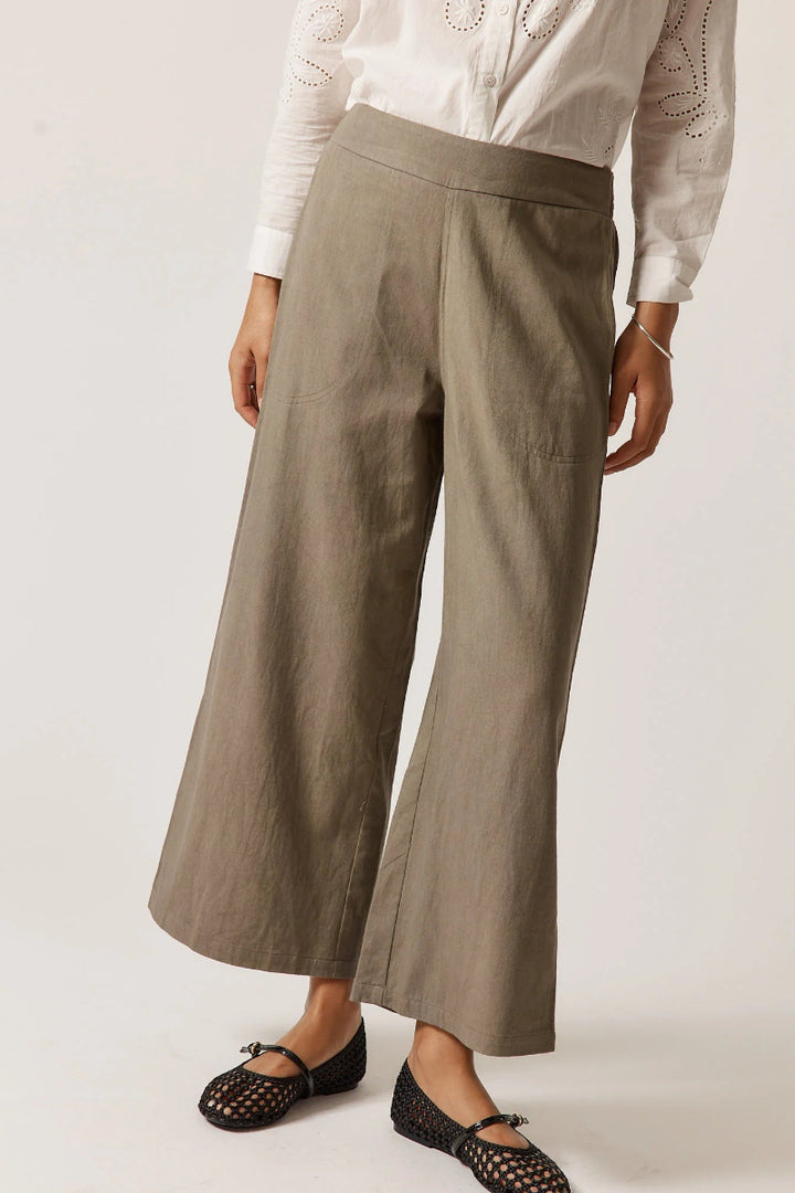 Person wearing beige wide-leg pants and a white blouse on a plain background
