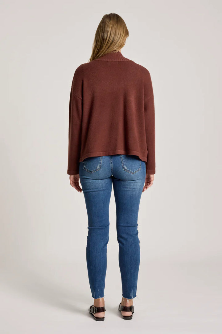 woman wearing Samira Crop Cardigan in Mahogany
