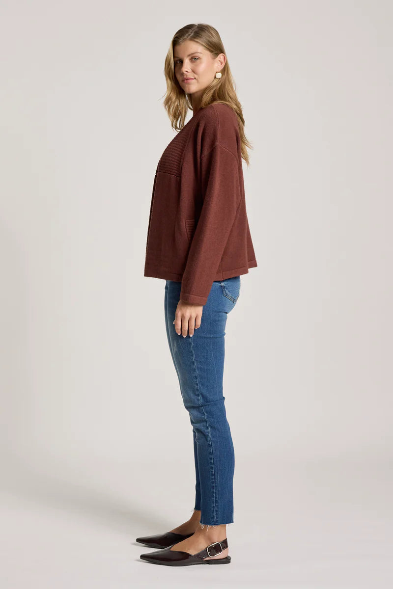 woman wearing Samira Crop Cardigan in Mahogany