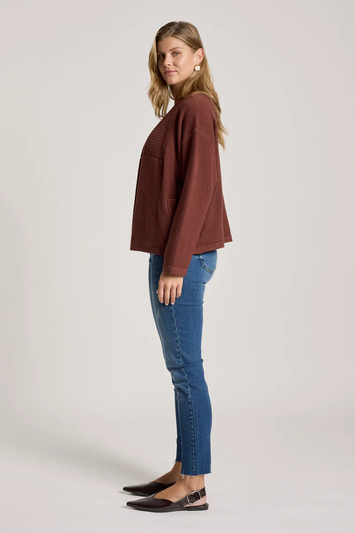 woman wearing Samira Crop Cardigan in Mahogany