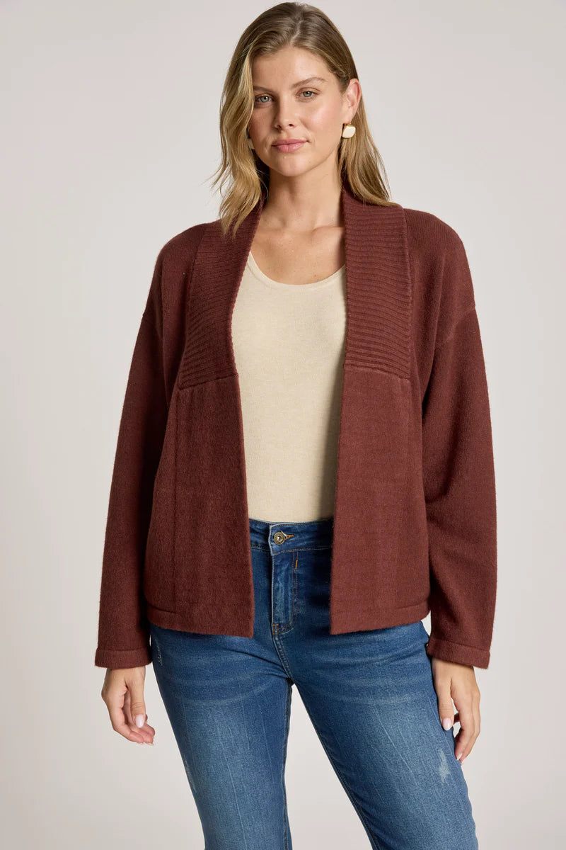 woman wearing Samira Crop Cardigan in Mahogany