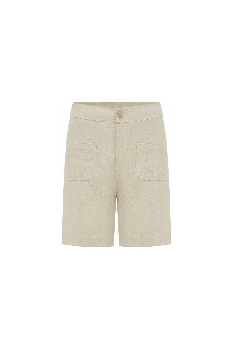 A pair of light beige linen shorts with a button closure and two front patch pockets, shown flat on a white background.