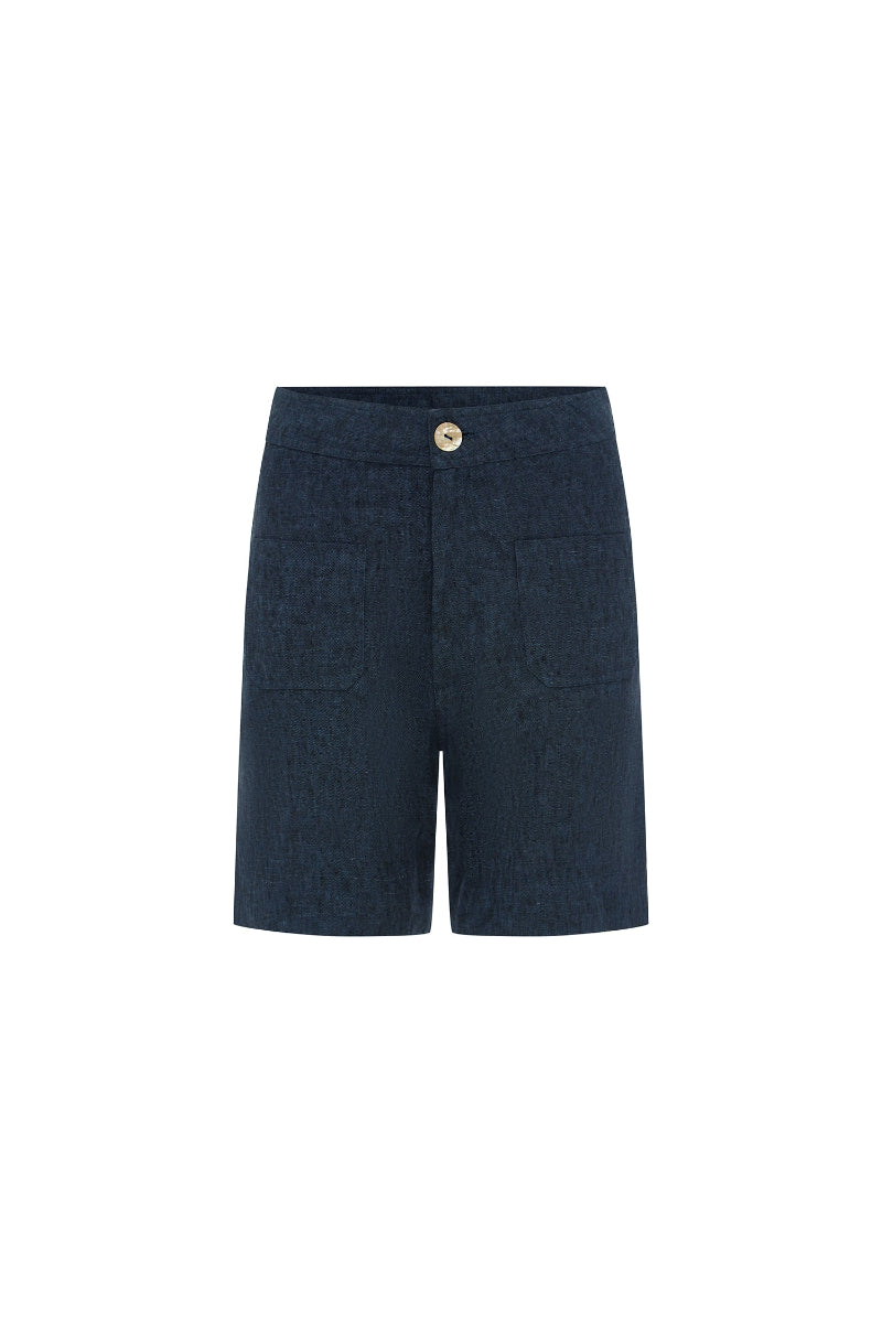 A pair of dark navy blue textured shorts with a single gold button closure at the waistband, shown against a plain white background.