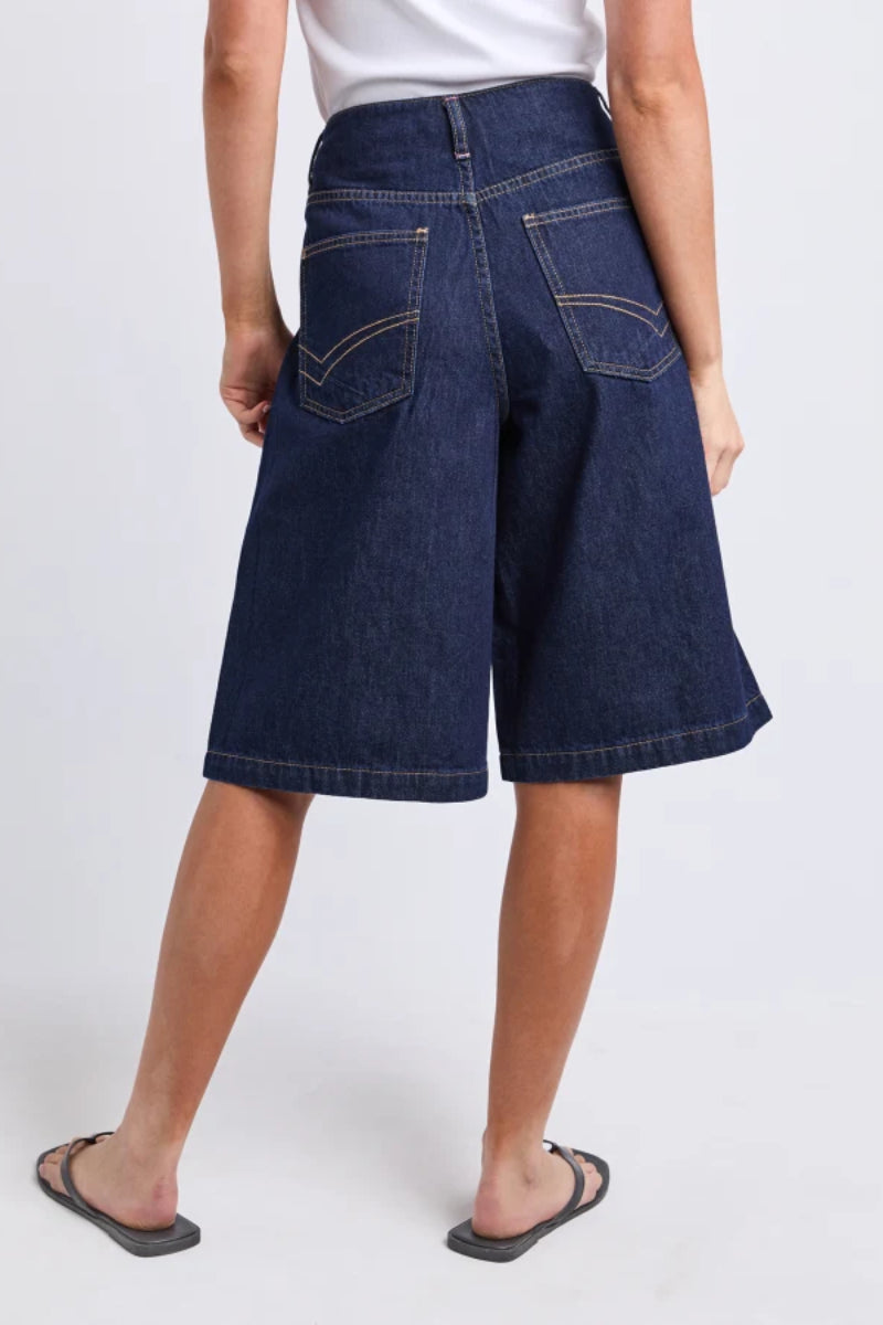 A model shown from the back wearing dark blue denim culottes, paired with a white top and black sandals, against a light gray studio background.