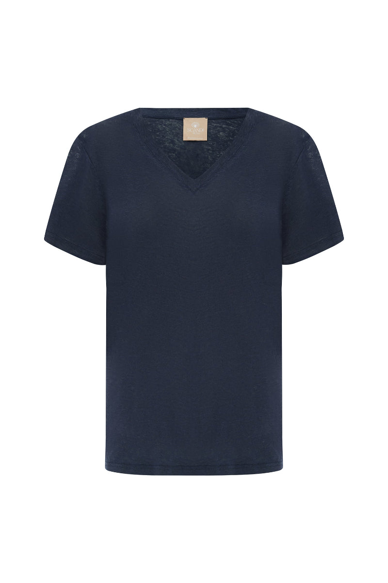 A navy blue short-sleeve V-neck t-shirt with a subtle textured lace insert at the neckline, displayed on a clean white background.