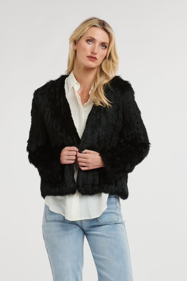 Front view of the Short Fur Jacket in black from Ivy Vibe, featuring a plush textured finish, open front design, and cropped length for a chic, cozy look.