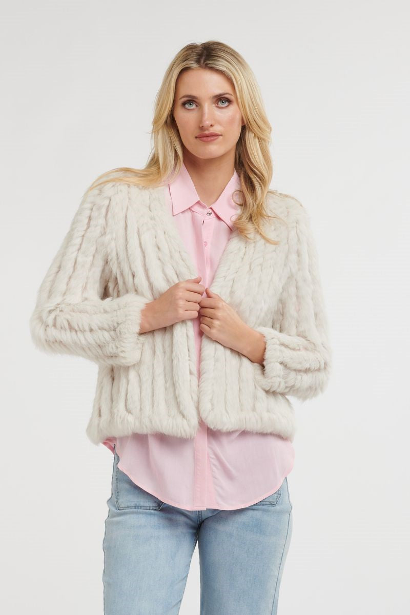 Front view of the Short Fur Jacket in Chalk from Ivy Vibe, showcasing its soft faux fur texture, open front, and cropped silhouette for an elegant, cozy style.