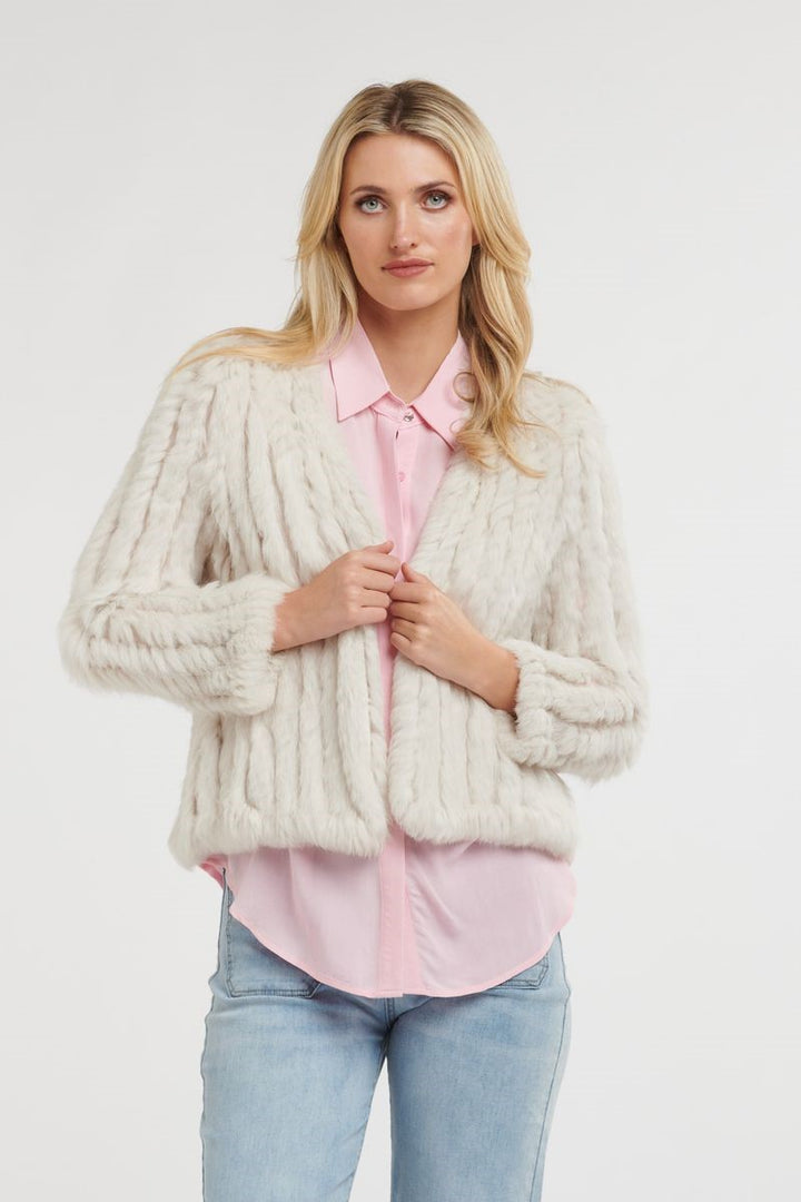 Front view of the Short Fur Jacket in Chalk from Ivy Vibe, showcasing its soft faux fur texture, open front, and cropped silhouette for an elegant, cozy style.