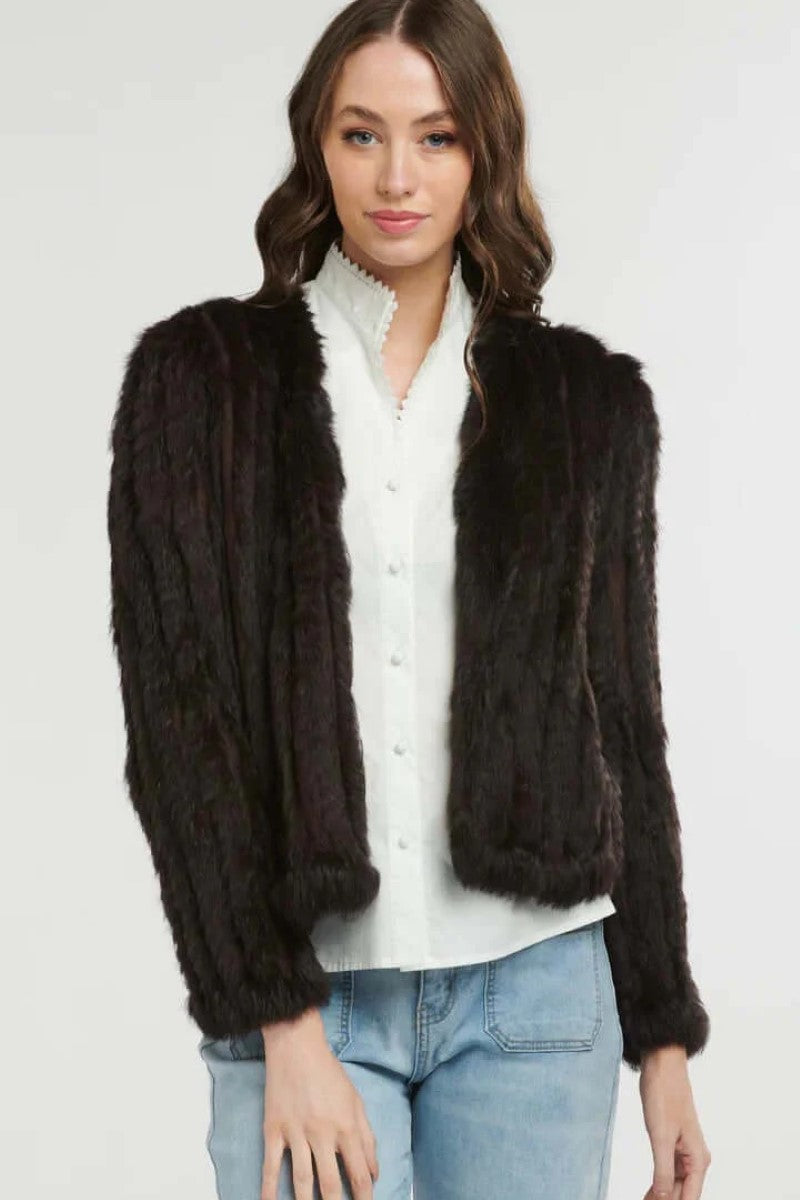 Front view of the Short Fur Jacket in Chocolate from Ivy Vibe, featuring a rich brown faux fur texture, open front design, and cropped, cozy silhouette.