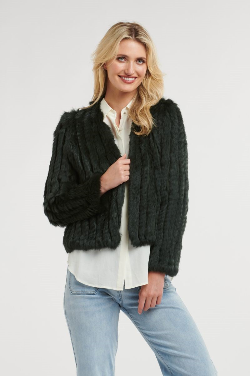 Front view of the Short Fur Jacket in Hunter Green from Ivy Vibe, showcasing its plush faux fur texture, open front, and cropped fit for a bold, cozy look.