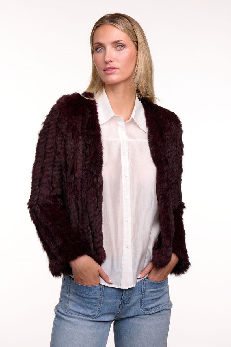 Front view of the Short Fur Jacket in Merlot from Ivy Vibe, featuring a deep wine-red faux fur texture, open front design, and cropped silhouette for a luxe, cozy style.