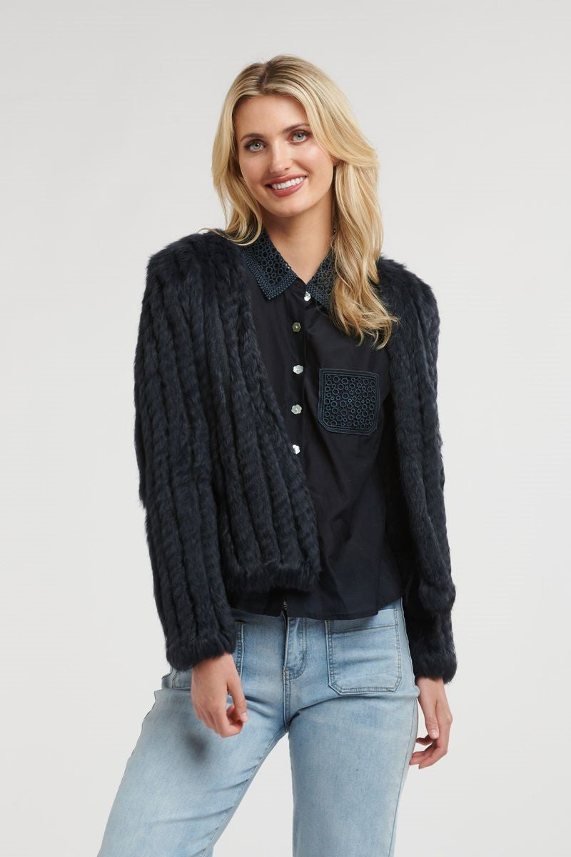 Front view of the Short Fur Jacket in Midnight from Ivy Vibe, featuring a deep navy faux fur texture, open front, and cropped fit for a chic and cozy statement look.