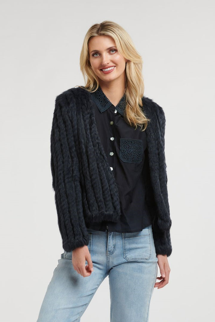Front view of the Short Fur Jacket in Midnight from Ivy Vibe, featuring a deep navy faux fur texture, open front, and cropped fit for a chic and cozy statement look.