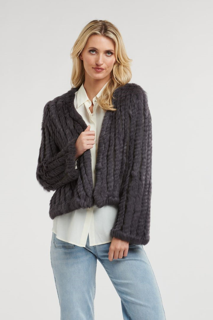 Front view of the Short Fur Jacket in Steel from Ivy Vibe, showcasing a soft grey faux fur texture, open front design, and cropped silhouette for a modern, cozy look.