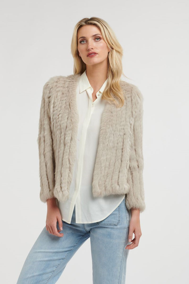 Front view of the Short Fur Jacket in Stone from Ivy Vibe, featuring a soft beige-toned faux fur texture, open front design, and cropped, stylish silhouette.