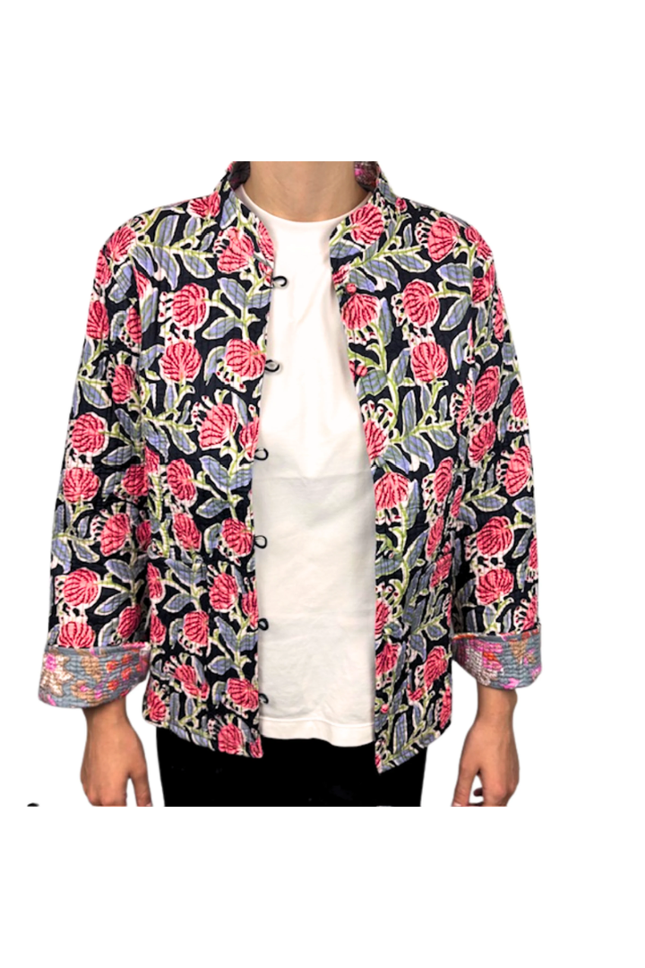 Floral patterned jacket worn by a person on a white background
