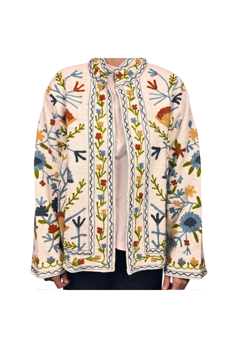 Embroidered floral jacket on a white background