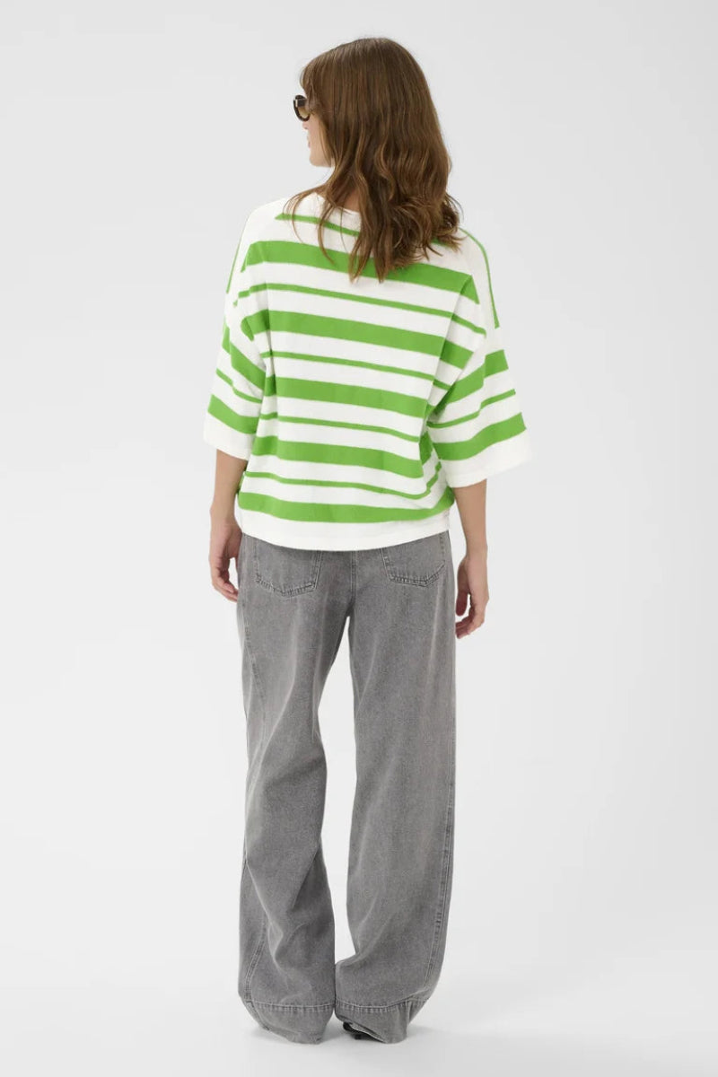 Woman wearing a green and white striped sweater and gray pants on a white background