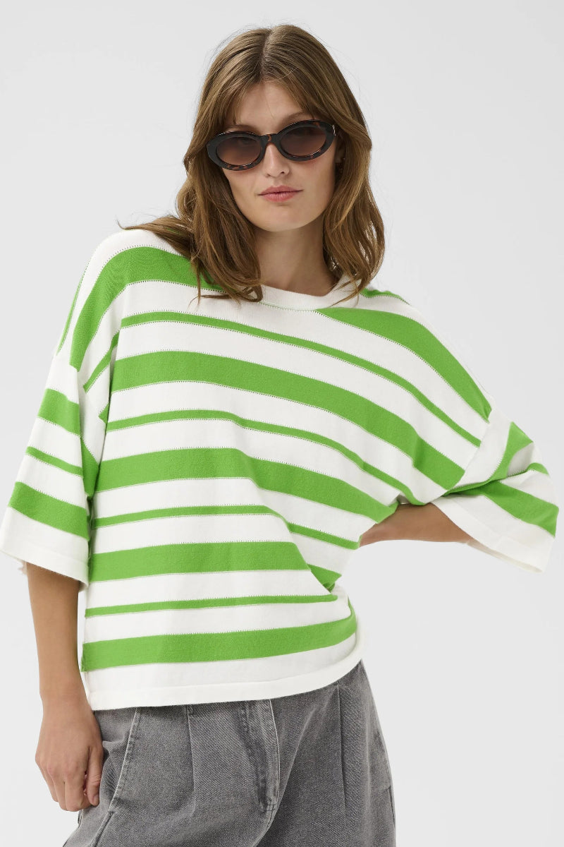 Woman wearing a green and white striped sweater with sunglasses on a plain background