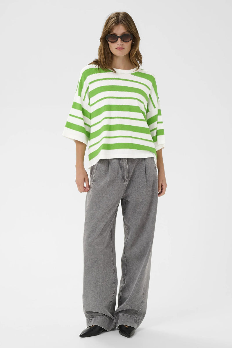 Person wearing a green and white striped sweater with gray pants on a white background