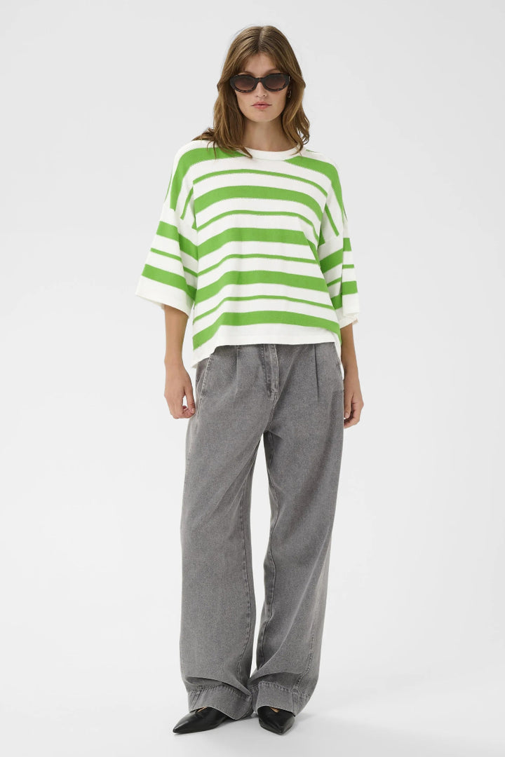 Person wearing a green and white striped sweater with gray pants on a white background