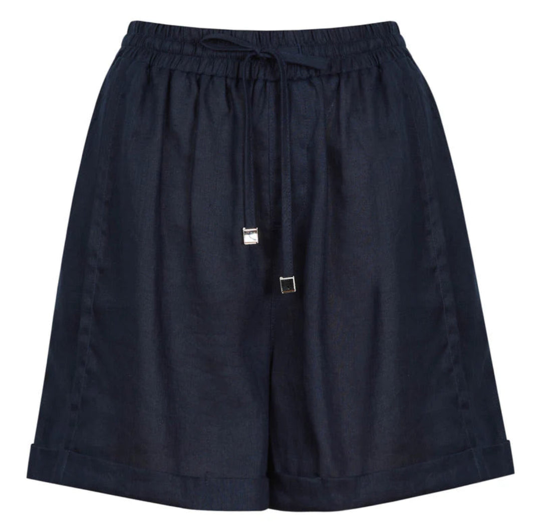 Navy blue shorts with a drawstring on a white background