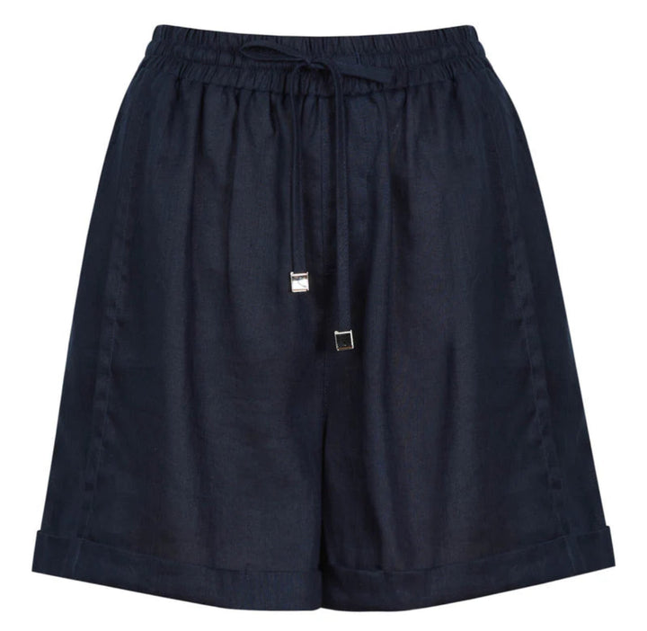 Navy blue shorts with a drawstring on a white background