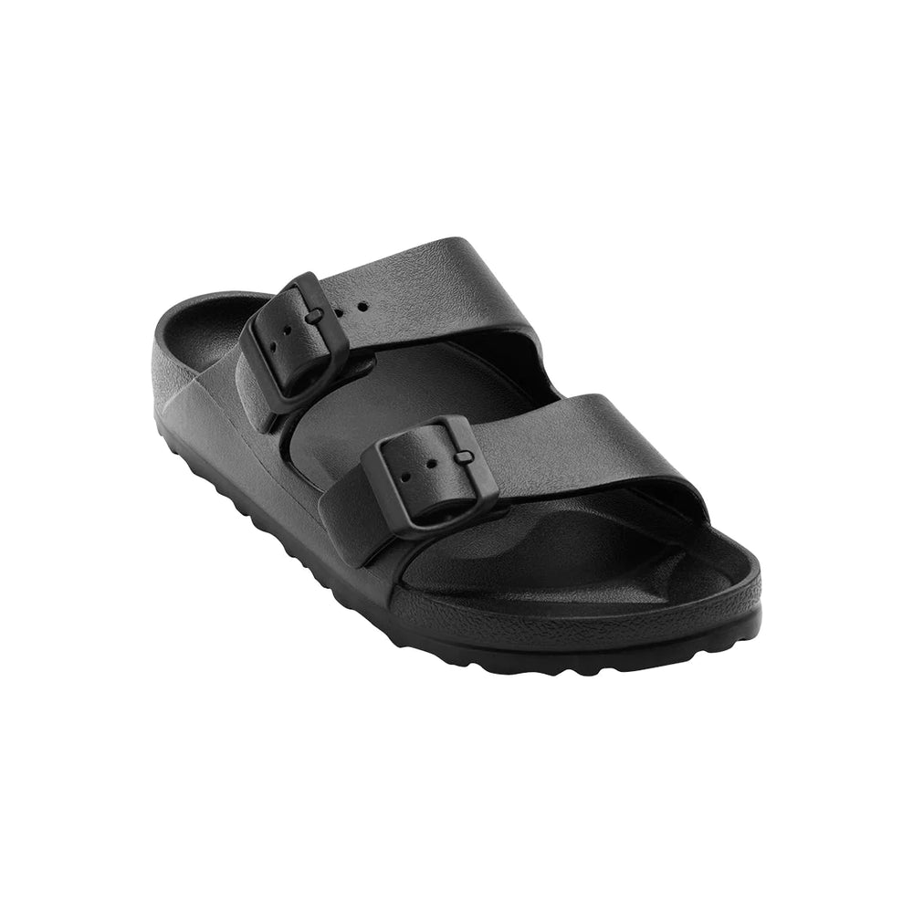 Side view of the Sundreamer Slide in black, showcasing its streamlined silhouette, wide strap, and flat sole for modern minimalism.