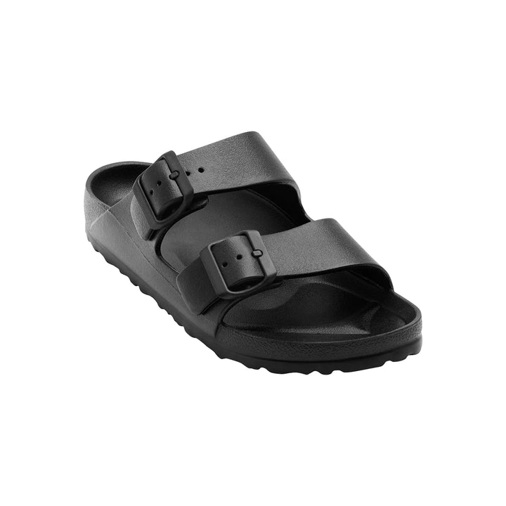 Side view of the Sundreamer Slide in black, showcasing its streamlined silhouette, wide strap, and flat sole for modern minimalism.