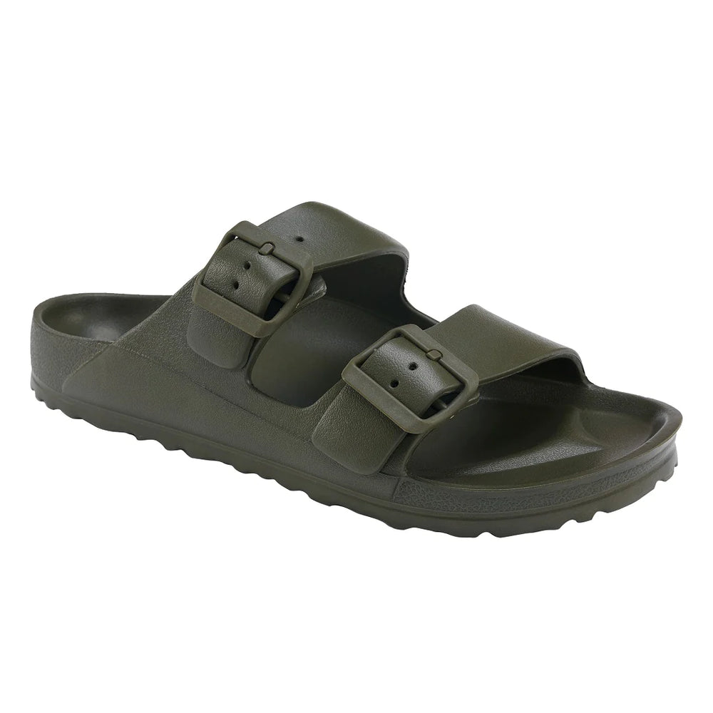 Side view of the Sundreamer Slide in khaki, highlighting the wide strap, flat sole, and sleek, minimalist profile.