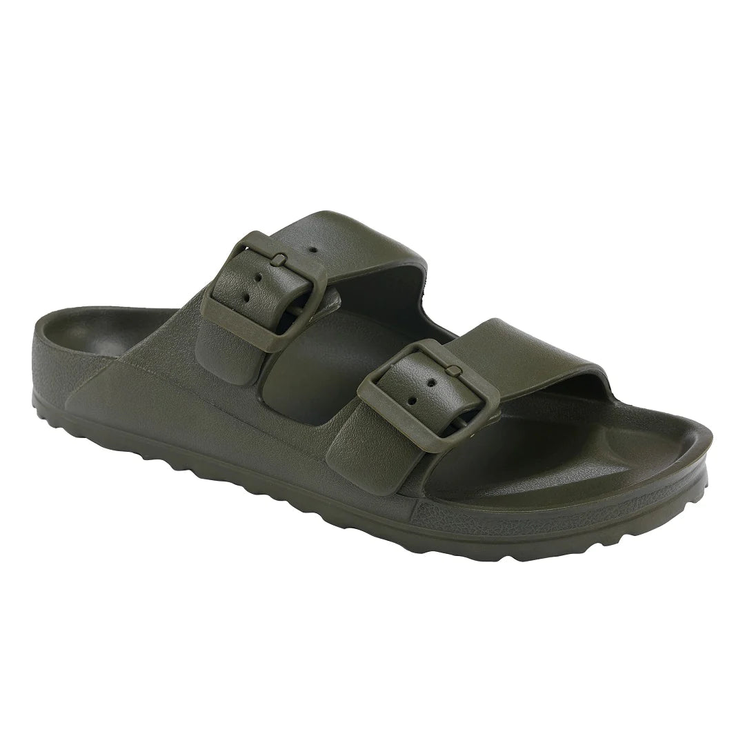 Side view of the Sundreamer Slide in khaki, highlighting the wide strap, flat sole, and sleek, minimalist profile.