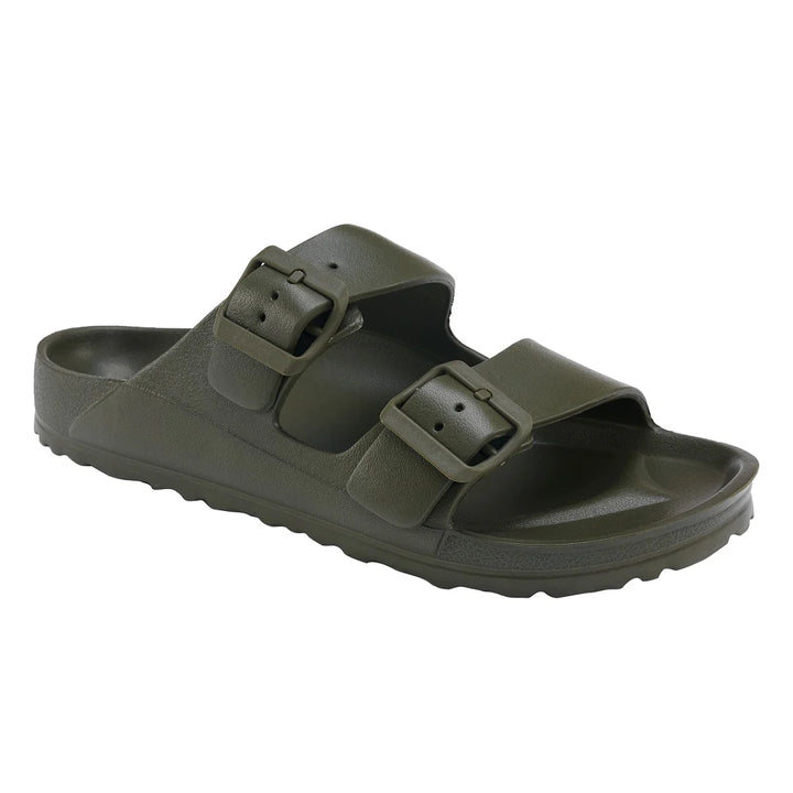 Side view of the Sundreamer Slide in khaki, highlighting the wide strap, flat sole, and sleek, minimalist profile.