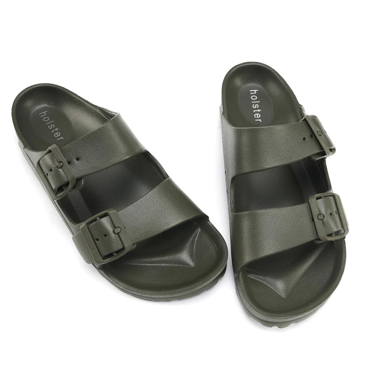 Top-down view of the Sundreamer Slide in khaki, showing the wide strap, cushioned footbed, and clean minimalist design.
