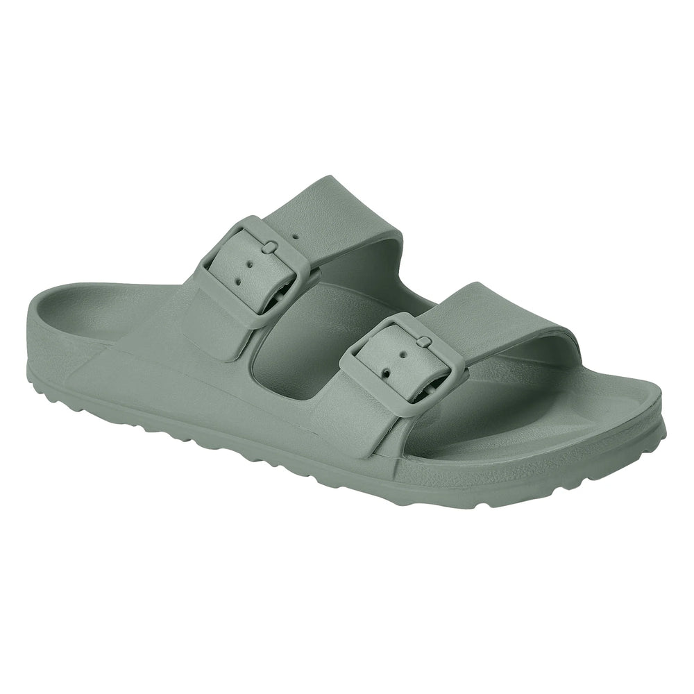Side view of the Sundreamer Slide in seagrass green, showcasing the sleek profile, flat sole, and wide strap for a minimalist look.
