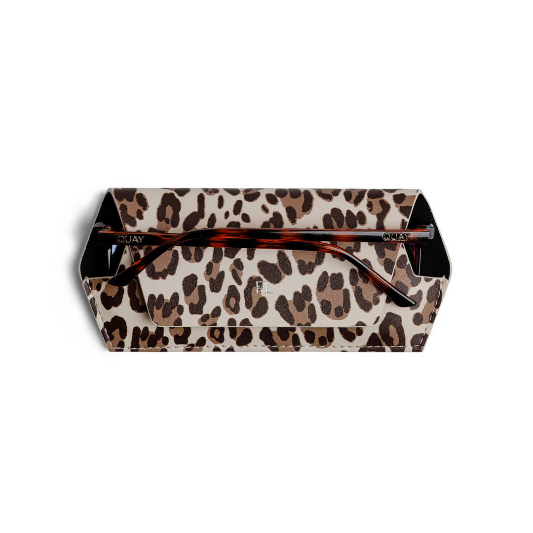 Leopard print sunglasses case with tortoiseshell frame on a white background